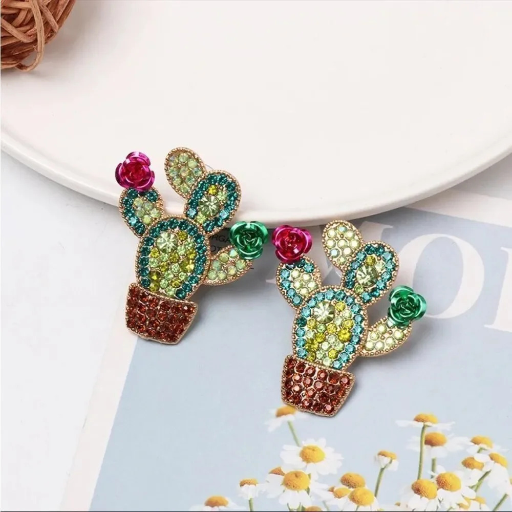 Cactus earrings crystals flowers NEW multicolored statement earrings desert - Picture 7 of 7